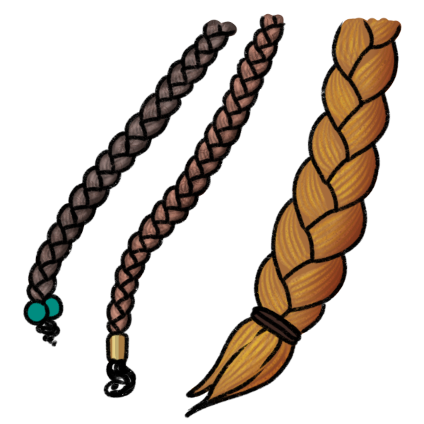 three braids of different types of hair. The first is very coiled and dark, and tied off with two turqoise balls. The second is not as coiled, dark brown, and secured with a gold bead. The third is very thick and blonde, and tied off with a brown hair tie.